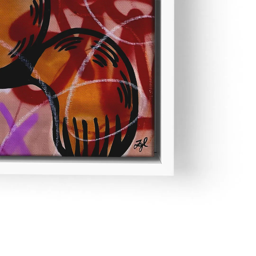 Modernes Wandbild mit bunter Katzenkunst, Graffiti-Elementen und weißem Rahmen