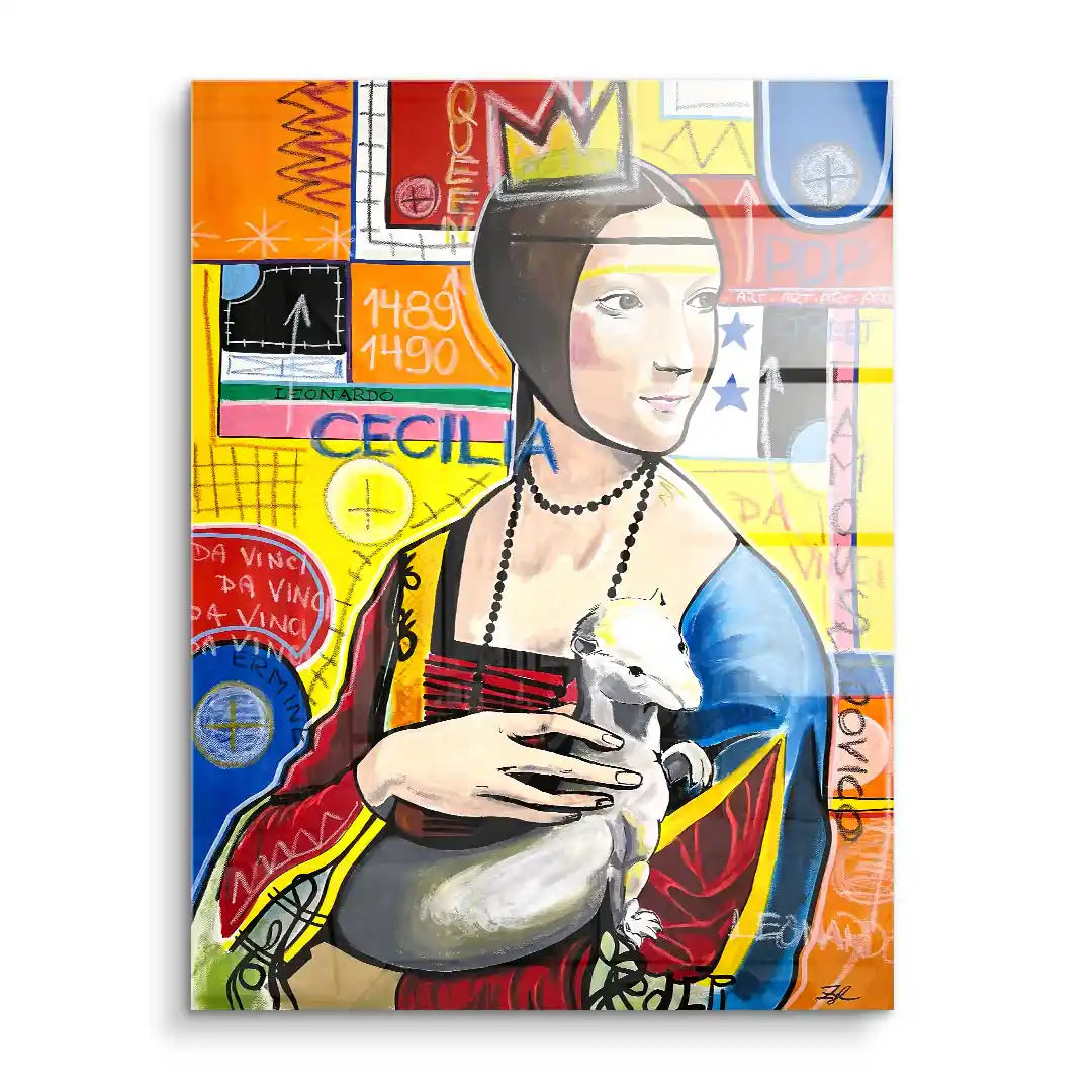 Modernes Wandbild mit Frau im Renaissance-Stil, buntem Hintergrund und Krone, inspiriert von Pop Art