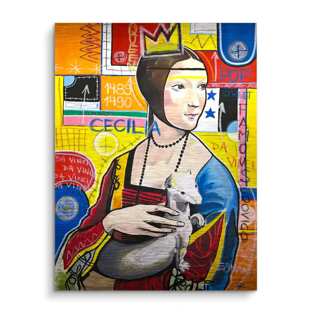 Modernes Pop Art Wandbild einer Frau mit Hermelin, farbenfroh, inspiriert von berühmter Kunst