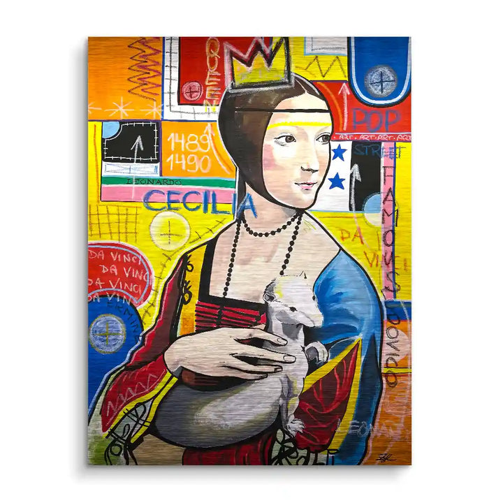 Modernes Pop Art Wandbild einer Frau mit Hermelin, farbenfroh, inspiriert von berühmter Kunst