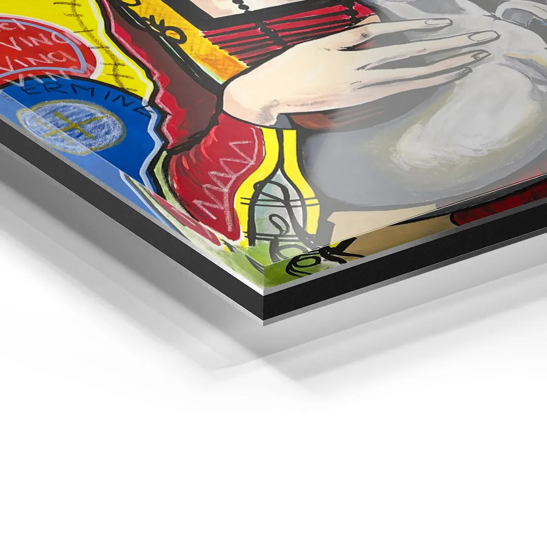 Modernes Wandbild auf Acrylglas mit bunter Pop Art, Hand und grafischen Elementen