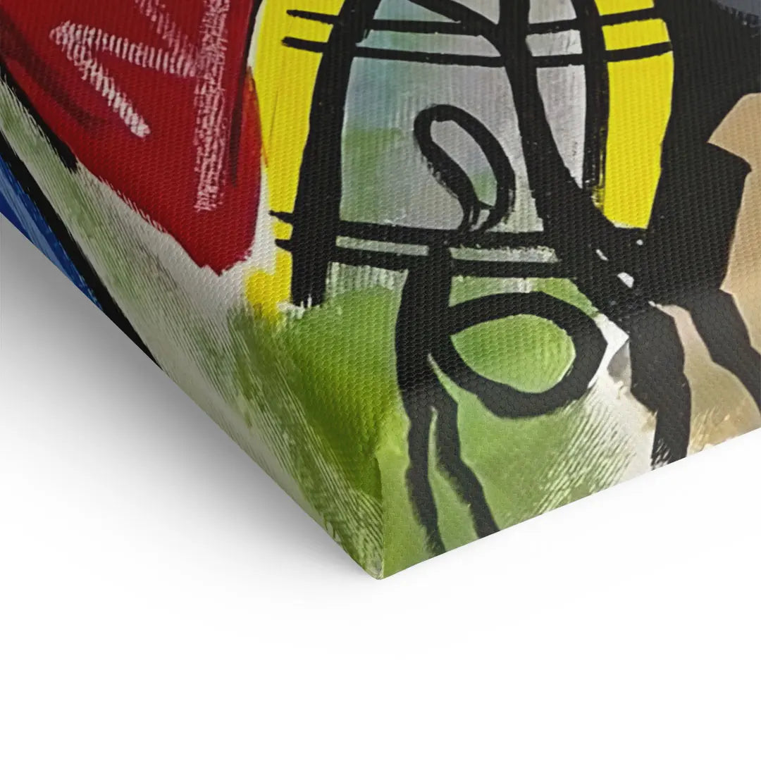 Detail einer bunten abstrakten Wandbild-Leinwand mit roten, gelben und schwarzen Elementen