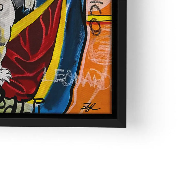 Detail eines modernen, bunten Wandbilds auf Leinwand mit schwarzem Rahmen, abstrakte Formen und Graffiti-Elemente