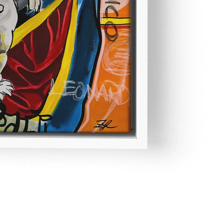 Modernes Wandbild mit abstrahiertem Motiv, kräftigen Farben und Graffiti-Elementen im weißen Rahmen