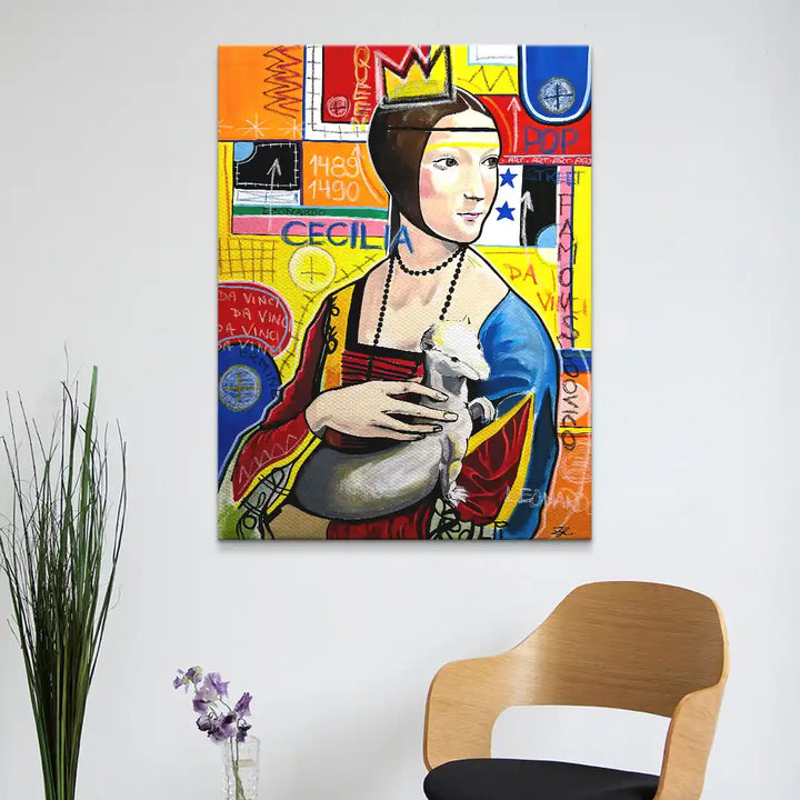Modernes, buntes Pop Art Wandbild einer Frau mit Hermelin im Wohnzimmer, dekorative Kunst