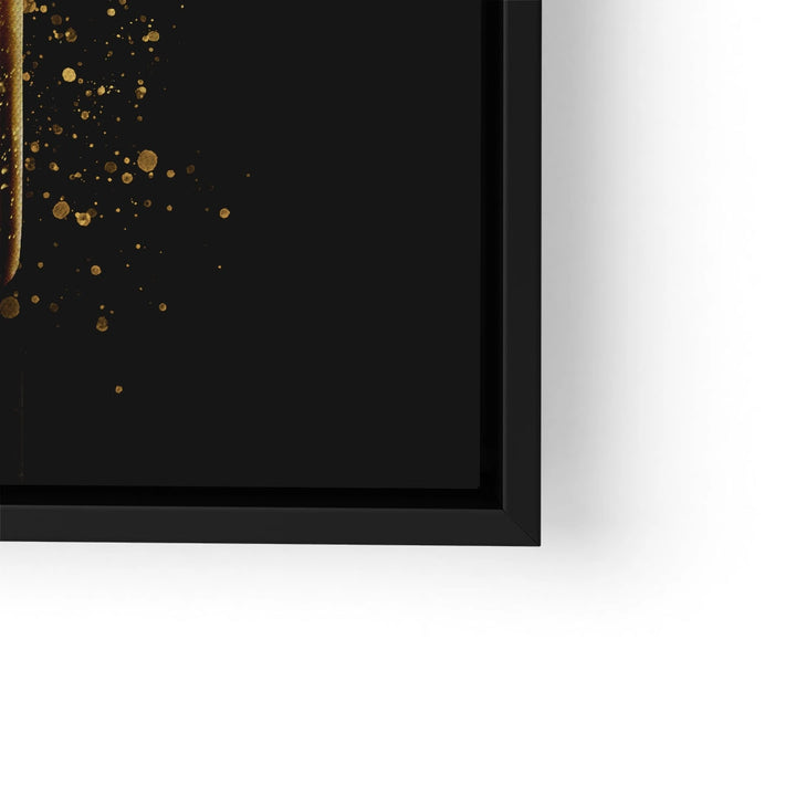 Modernes Wandbild mit goldenen Champagner-Spritzern auf schwarzem Hintergrund im Rahmen