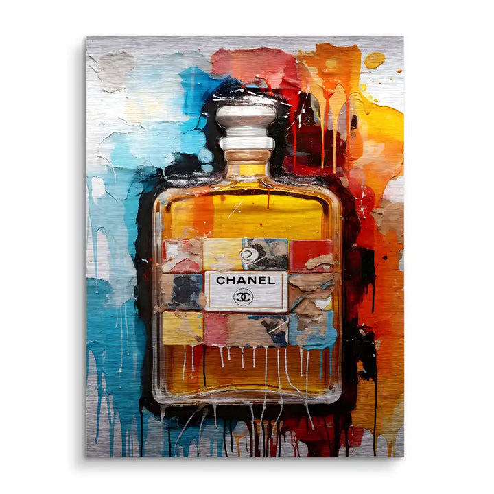 Modernes Wandbild mit Chanel-Parfumflakon, bunte abstrakte Farben, Pop Art Kunst