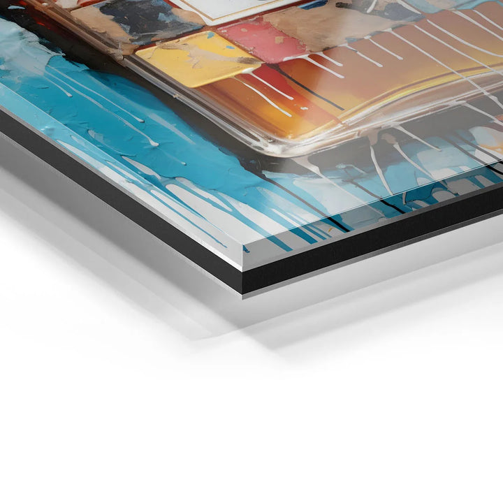 Detailaufnahme Acrylglas-Wandbild mit farbenfrohem, modernem Kunstmotiv und blauen Akzenten