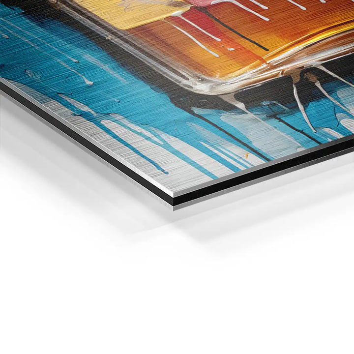 Detailaufnahme modernes Wandbild auf Aluminium, bunte Farbverläufe mit Pinselstruktur