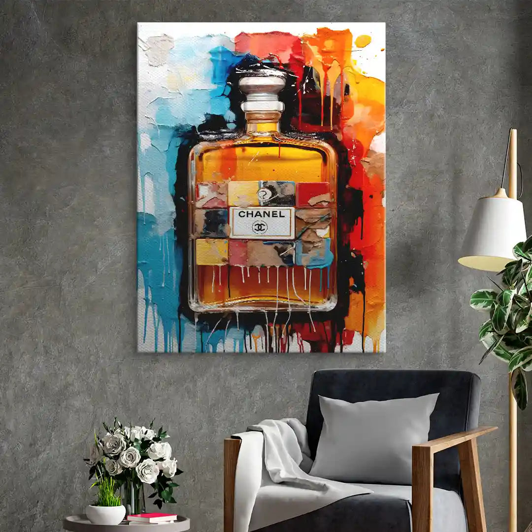 Modernes Wandbild mit buntem Chanel Parfumflakon, Kunst für Wohnzimmer, luxuriöses Design