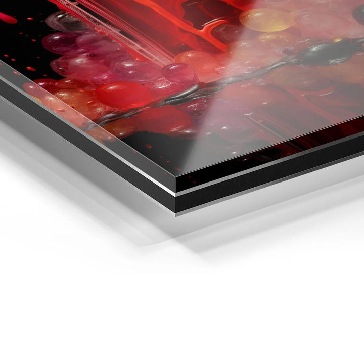 Detailaufnahme eines Wandbilds auf Acrylglas mit roten und bunten Farbspritzern