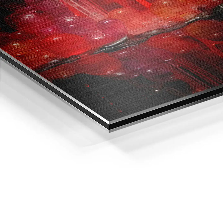 Detailaufnahme Wandbild auf Aluminium mit rotem abstraktem Splash-Design, gebürstete Oberfläche