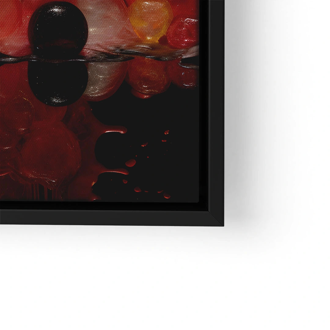 Detail eines modernen Wandbilds mit bunten Splash-Effekten und Wassertropfen, schwarzer Rahmen