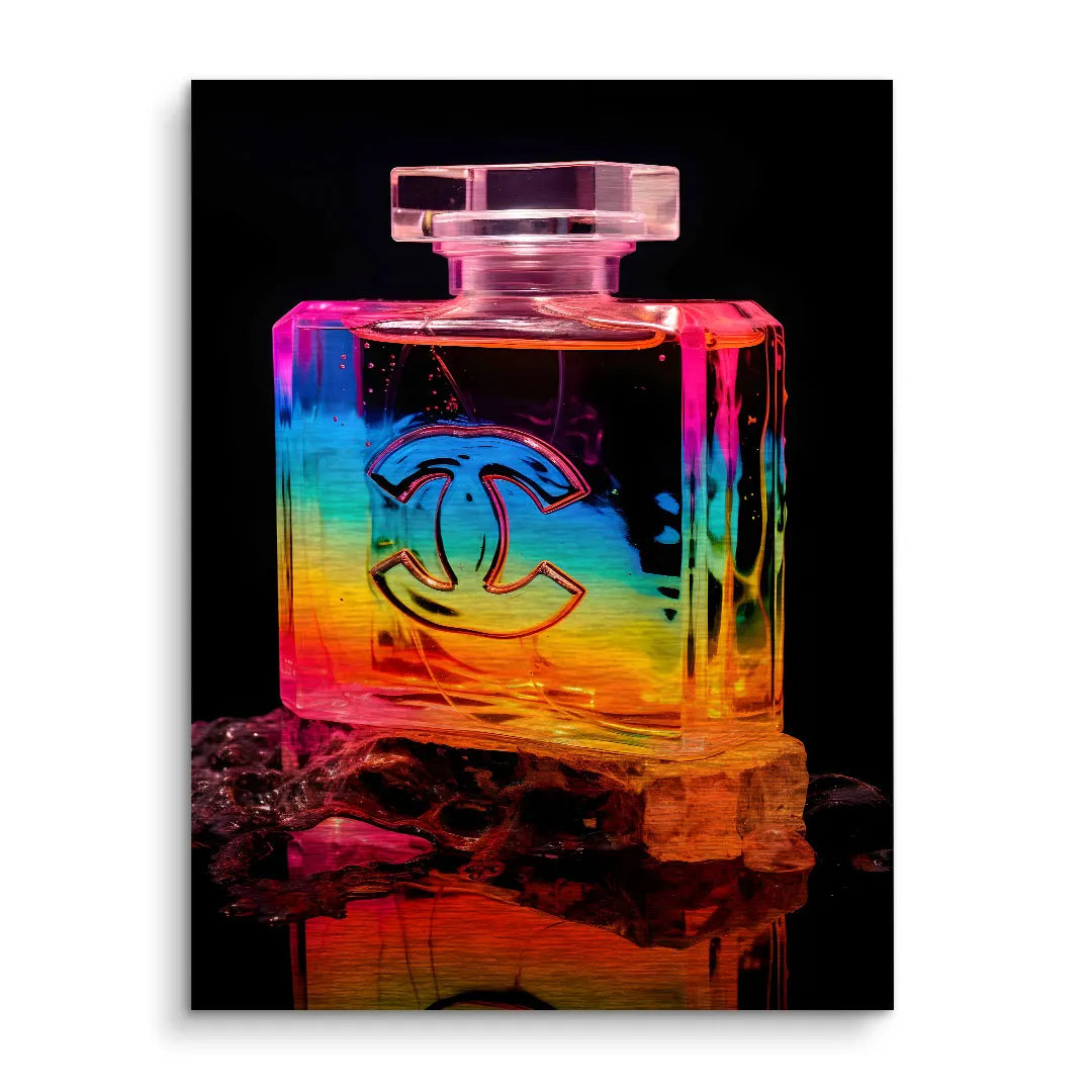 Modernes Wandbild mit buntem Chanel Parfümflakon auf schwarzem Hintergrund, Pop Art Stil