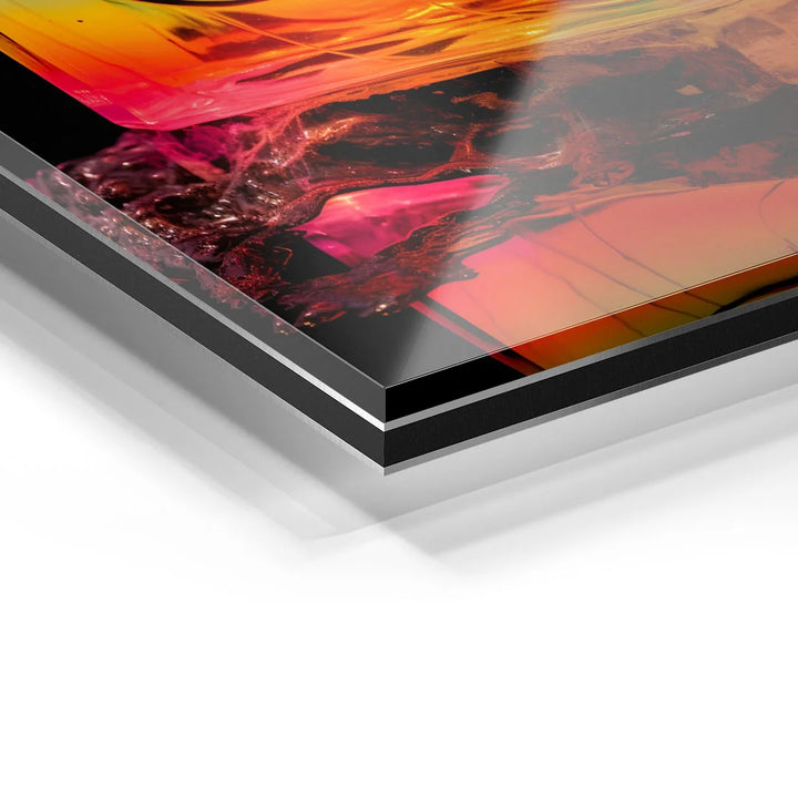Detailansicht eines modernen Wandbilds auf Acrylglas mit bunten, abstrakten Farben