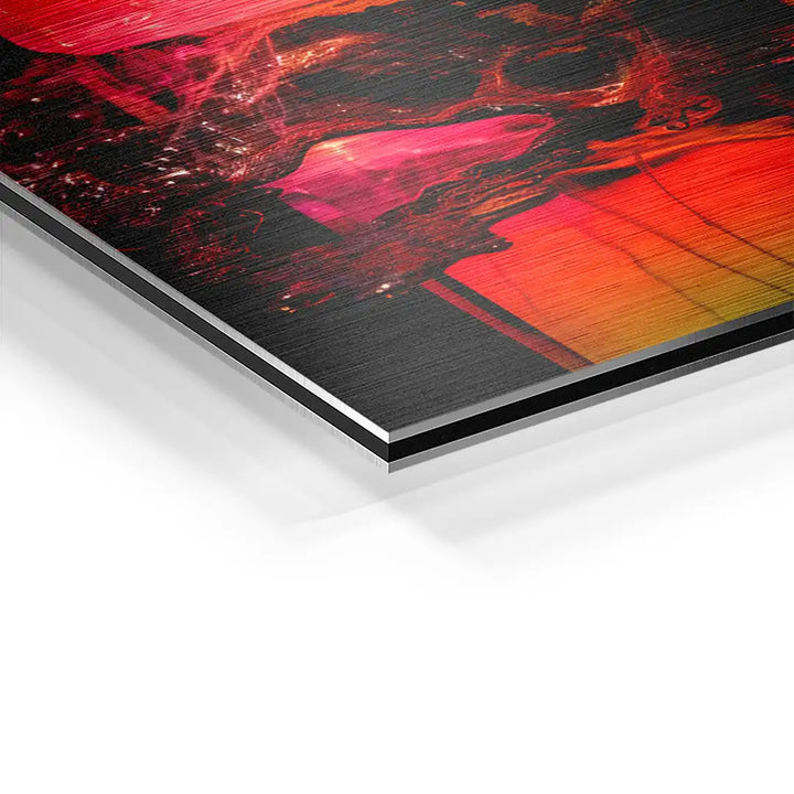 Detailaufnahme eines modernen Wandbilds auf Aluminium mit abstraktem, roten Kunstmotiv