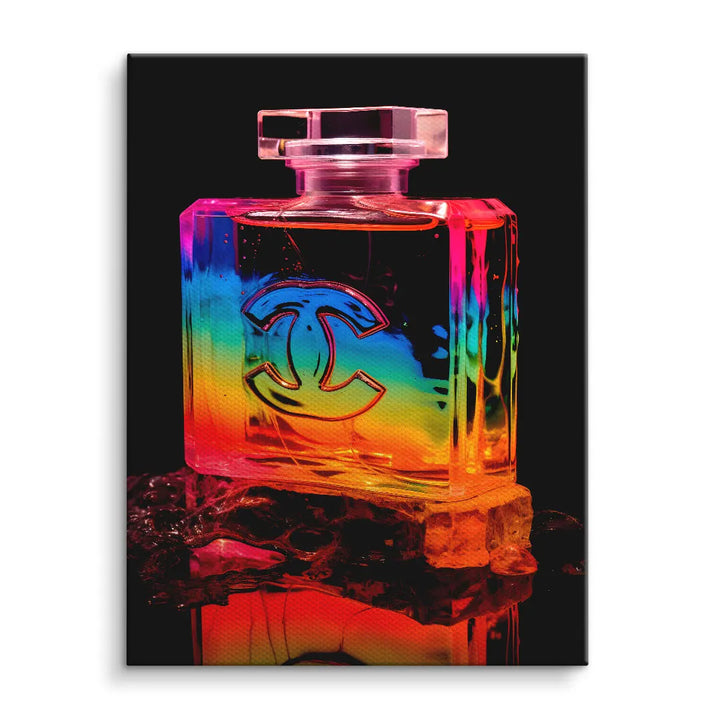 Modernes Wandbild mit bunter Parfumflasche im Pop Art Stil auf schwarzem Hintergrund