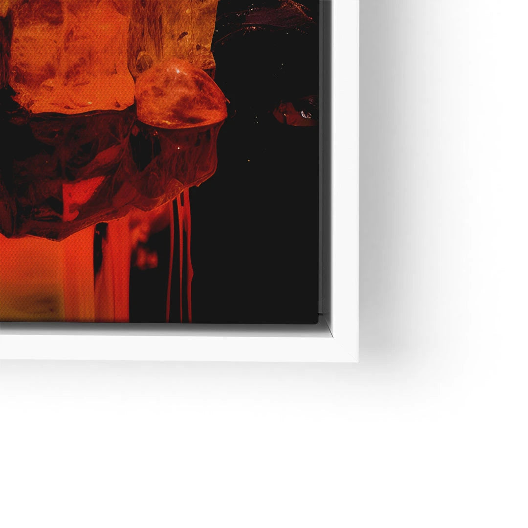 Modernes Wandbild mit abstrakten roten und orangen Farben, Kunstdruck im weißen Rahmen