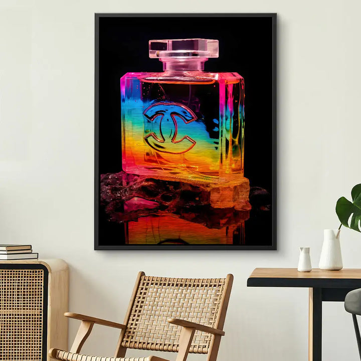 Modernes Wandbild mit buntem Parfümflakon im Fashion-Stil, dekorativ, Wohnzimmer