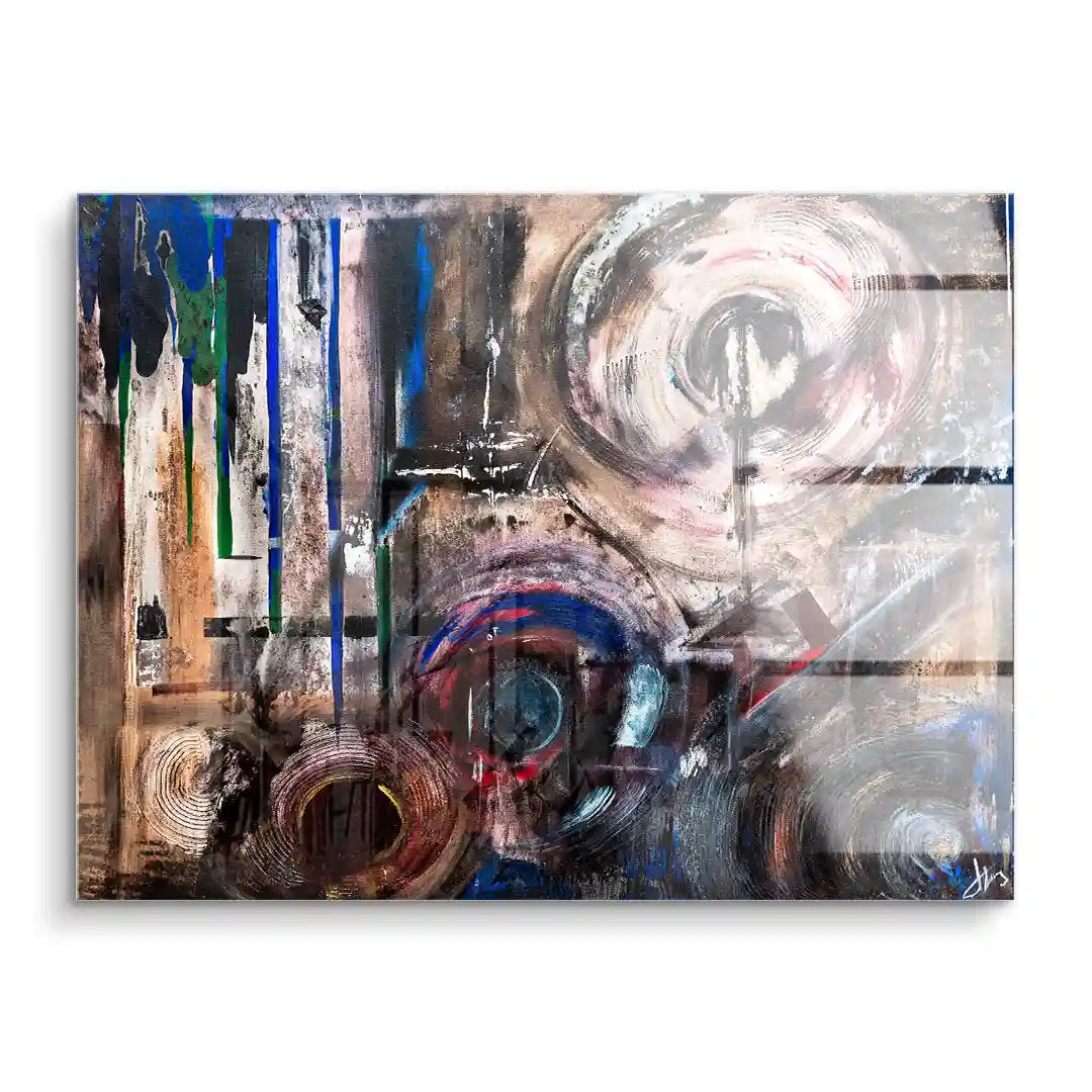 Abstraktes Wandbild mit runden Mustern und bunten Farbakzenten auf Acryl, moderne Kunst