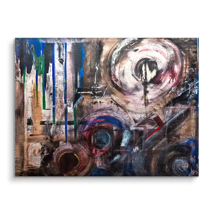 Abstraktes Wandbild mit Kreisen, Farbverläufen und dynamischen Pinselstrichen in Blau, Braun und Weiß