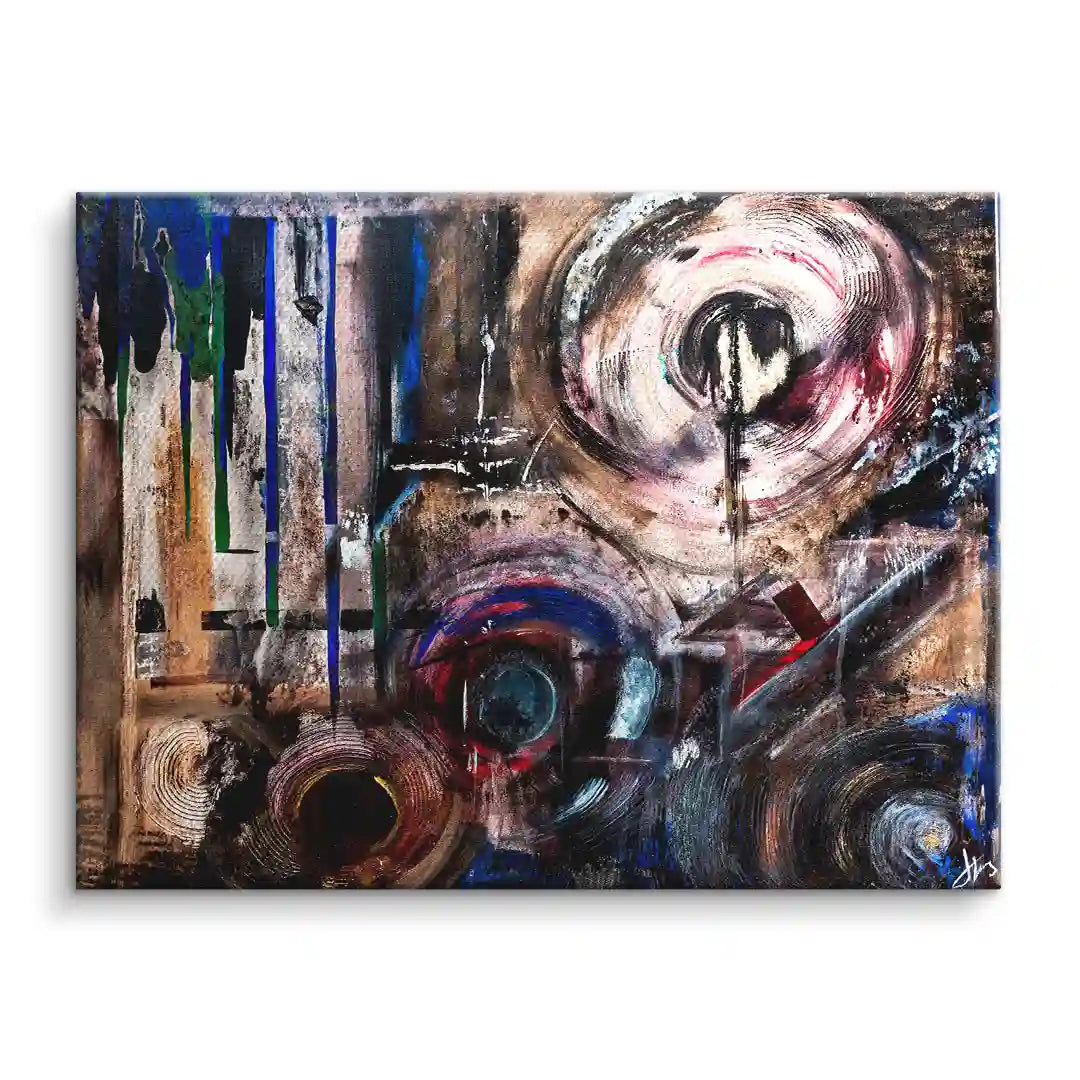 Abstraktes Wandbild mit bunten Kreisen und Linien auf Leinwand, modernes Kunstbild