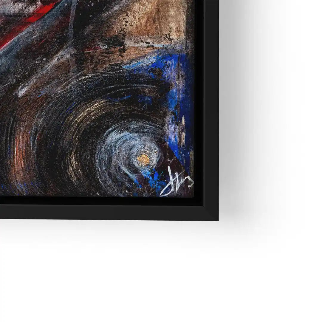 Modernes abstraktes Wandbild mit dynamischen Pinselstrichen in Blau, Braun und Rot im schwarzen Rahmen