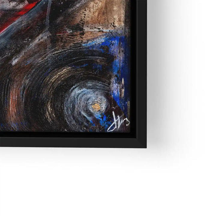 Modernes abstraktes Wandbild mit dynamischen Pinselstrichen in Blau, Braun und Rot im schwarzen Rahmen