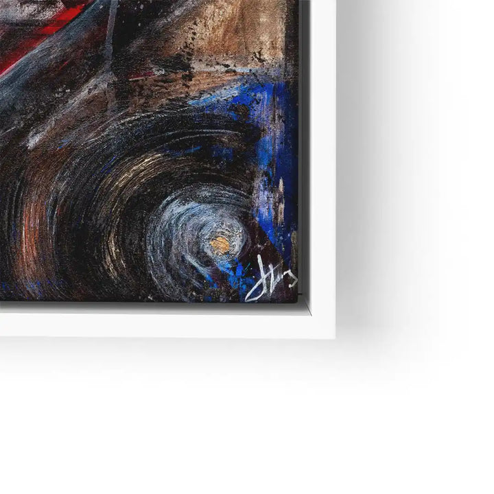 Abstraktes Wandbild mit Wirbelmustern, blauen und braunen Farbakzenten im weißen Rahmen