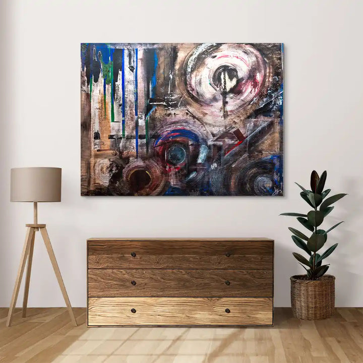 Abstraktes Wandbild mit Kreisen und bunten Farbakzenten in modernem Wohnzimmer, Kunstdeko