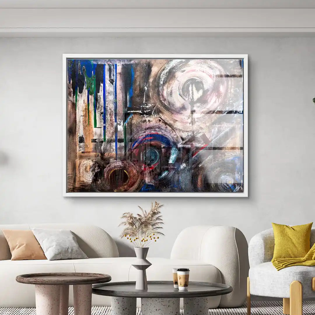 Abstraktes Wandbild mit bunten Kreisen und Linien in modernem Wohnzimmer, Kunst auf Leinwand