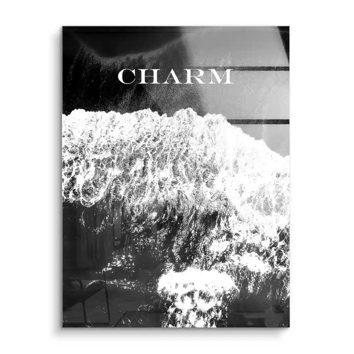 Schwarz-weiß Acryl Wandbild mit Meereswellen und Schriftzug CHARME, modernes Kunstmotiv