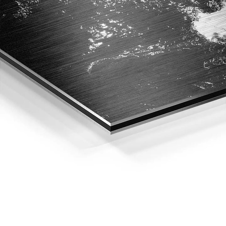 Detailaufnahme Wandbild auf gebürstetem Aluminium, moderne Kunst, schwarz-weiß, glänzende Oberfläche