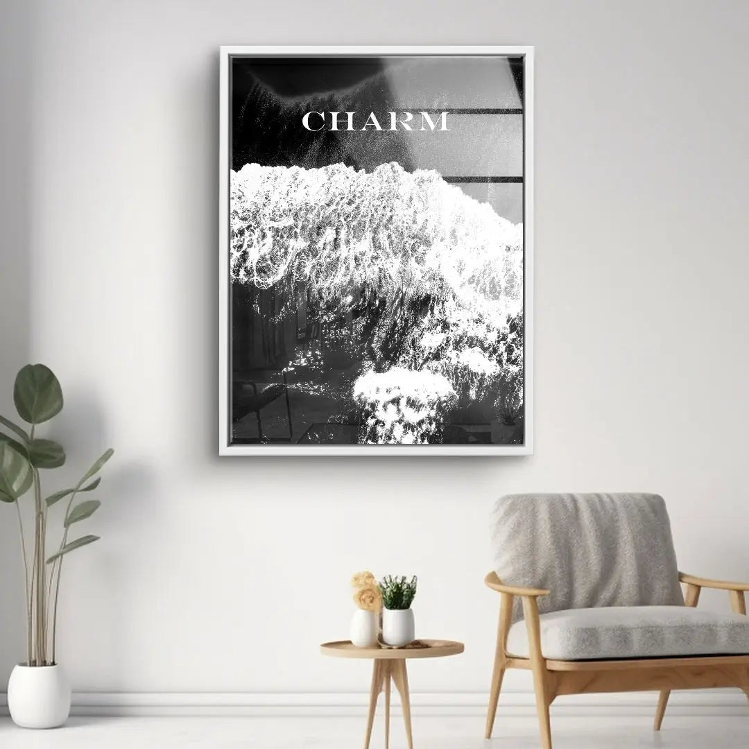 Modernes Wandbild in Schwarz-Weiß mit Schriftzug 'CHARM', abstraktes Kunstmotiv, Wohnzimmerdeko