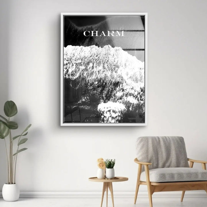 Modernes Wandbild in Schwarz-Weiß mit Schriftzug 'CHARM', abstraktes Kunstmotiv, Wohnzimmerdeko