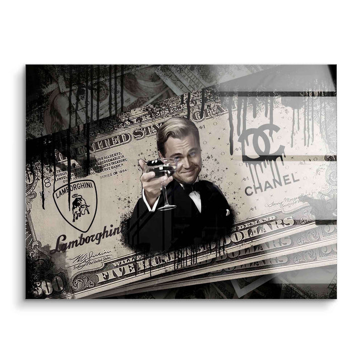 Modernes Wandbild mit elegantem Mann im Anzug, Sektglas, Dollar-Scheinen, Chanel- und Lamborghini-Logos