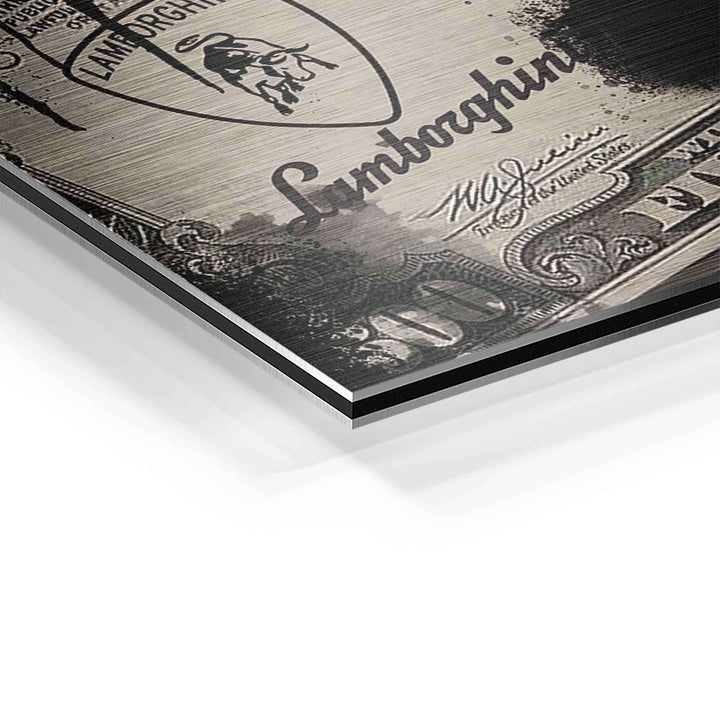 Detailansicht Wandbild mit Lamborghini-Logo und Dollarschein-Motiv auf Aluminium