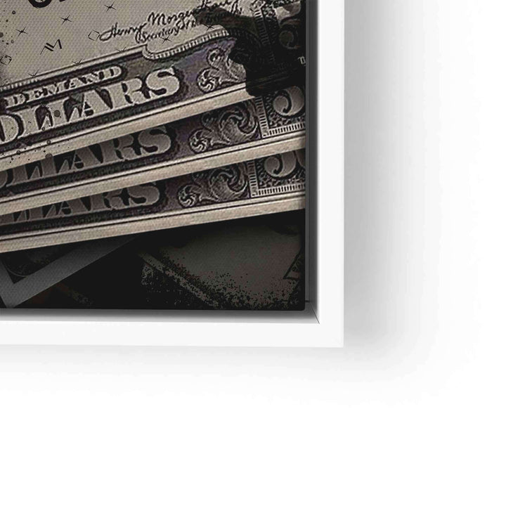 Nahaufnahme eines Wandbilds mit gestapelten US-Dollar-Scheinen im modernen Pop Art Stil