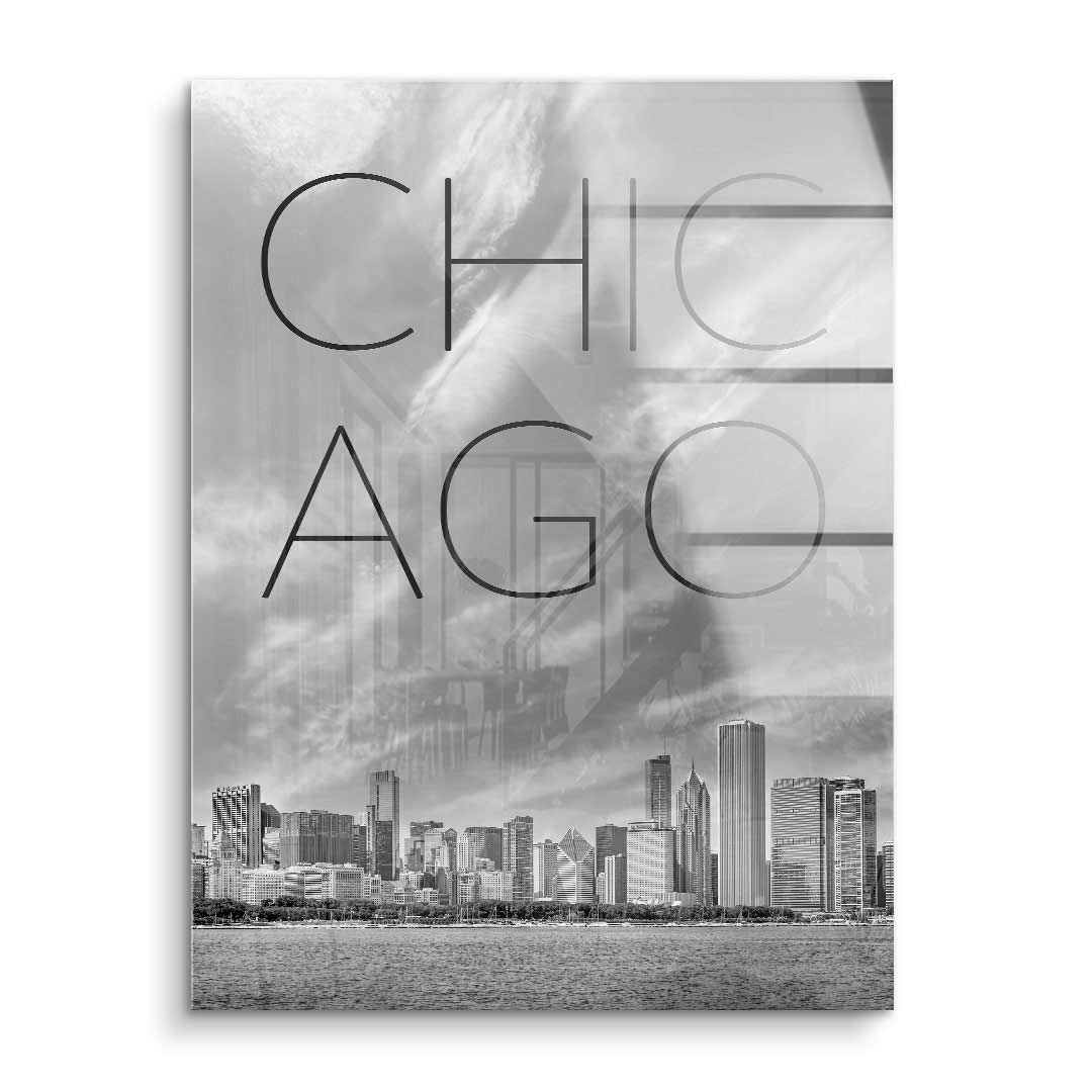 Modernes Wandbild Chicago Skyline in Schwarz-Weiß mit großem Schriftzug, Kunst auf Acrylglas