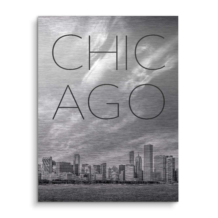 Wandbild Chicago Skyline auf gebürstetem Metall, modernes Kunstbild in Schwarz-Weiß