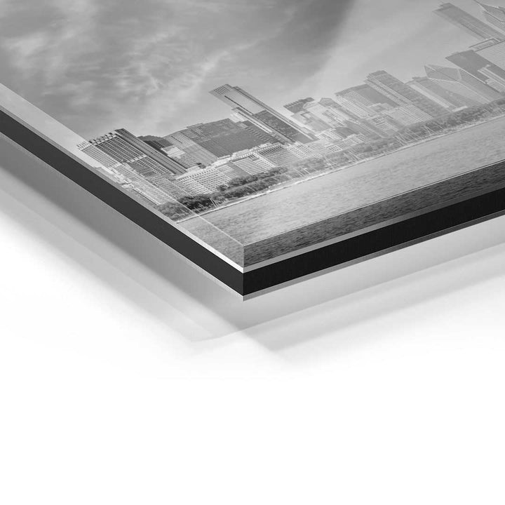 Detail eines Wandbilds auf Acrylglas mit Chicago Skyline in Schwarz-Weiß