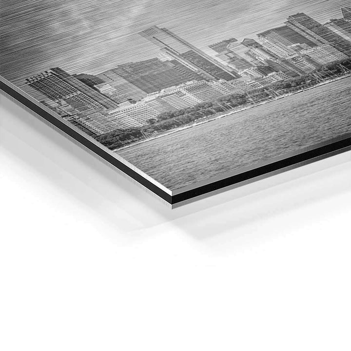 Detailaufnahme Wandbild Chicago Skyline in Schwarz-Weiß auf Aluminium