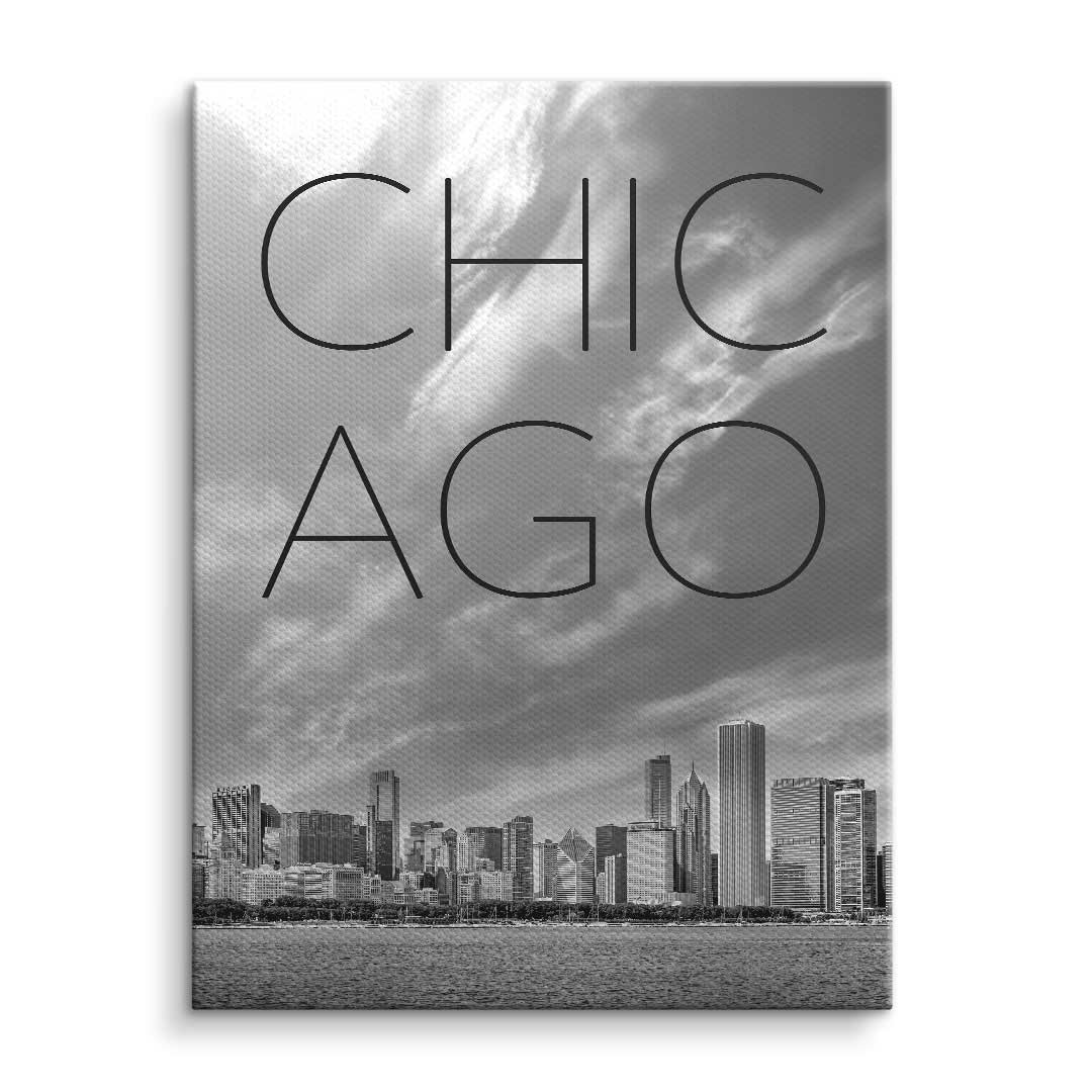 Schwarzweiß-Wandbild Chicago Skyline mit modernem Schriftzug, Leinwand Kunst