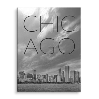 Schwarzweiß-Wandbild Chicago Skyline mit modernem Schriftzug, Leinwand Kunst