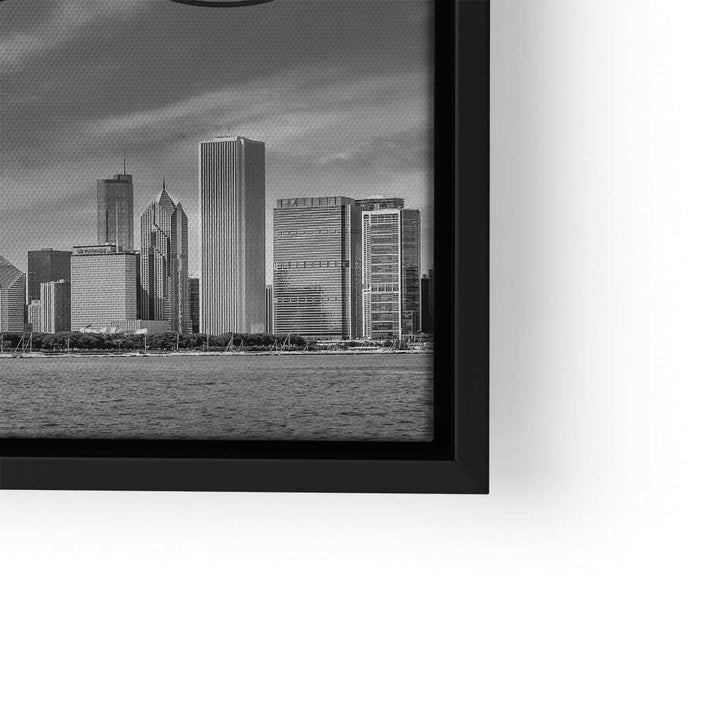 Schwarz-weiß Wandbild mit Chicago Skyline, moderne Kunst auf Leinwand im schwarzen Rahmen