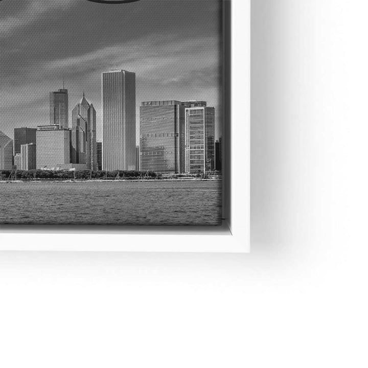 Schwarz-weiß Wandbild Chicago Skyline, moderne Stadtansicht mit Hochhäusern am Wasser