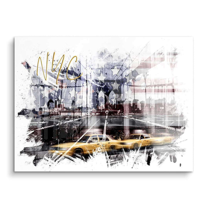 Modernes Wandbild mit New York Skyline, Brooklyn Bridge und gelben Taxis, NYC Schriftzug