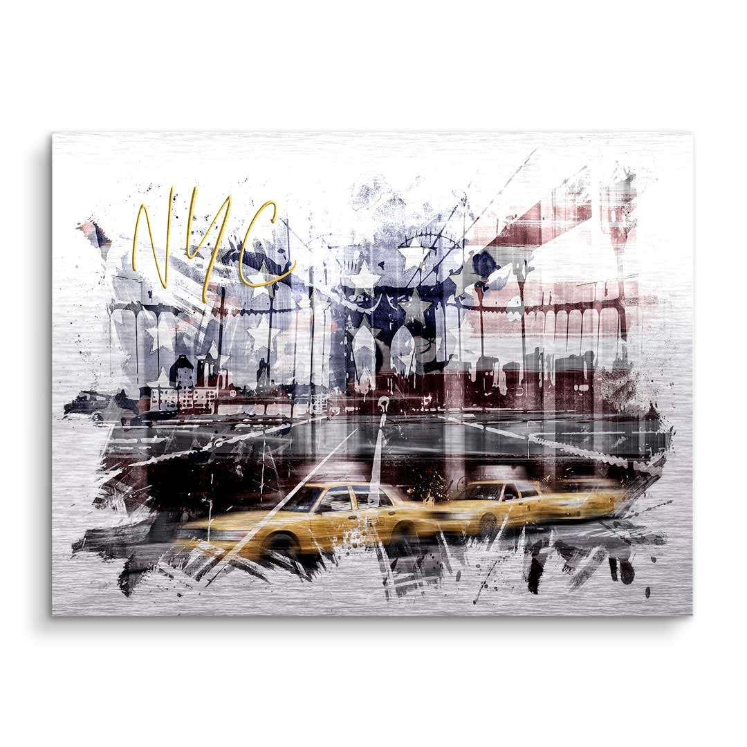 Modernes Wandbild mit New York Skyline, Brooklyn Bridge und gelben Taxis im City-Art-Stil