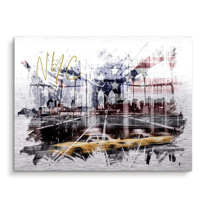 Modernes Wandbild mit New York Skyline, Brooklyn Bridge und gelben Taxis im City-Art-Stil