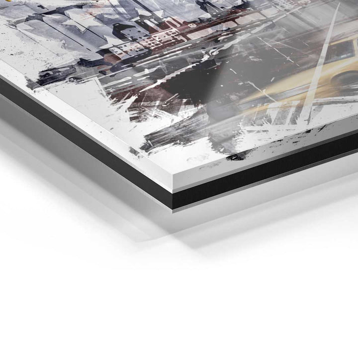 Detailaufnahme Acrylglas-Wandbild Stadtmotiv mit gelbem Taxi, moderne Kunst auf Leinwand